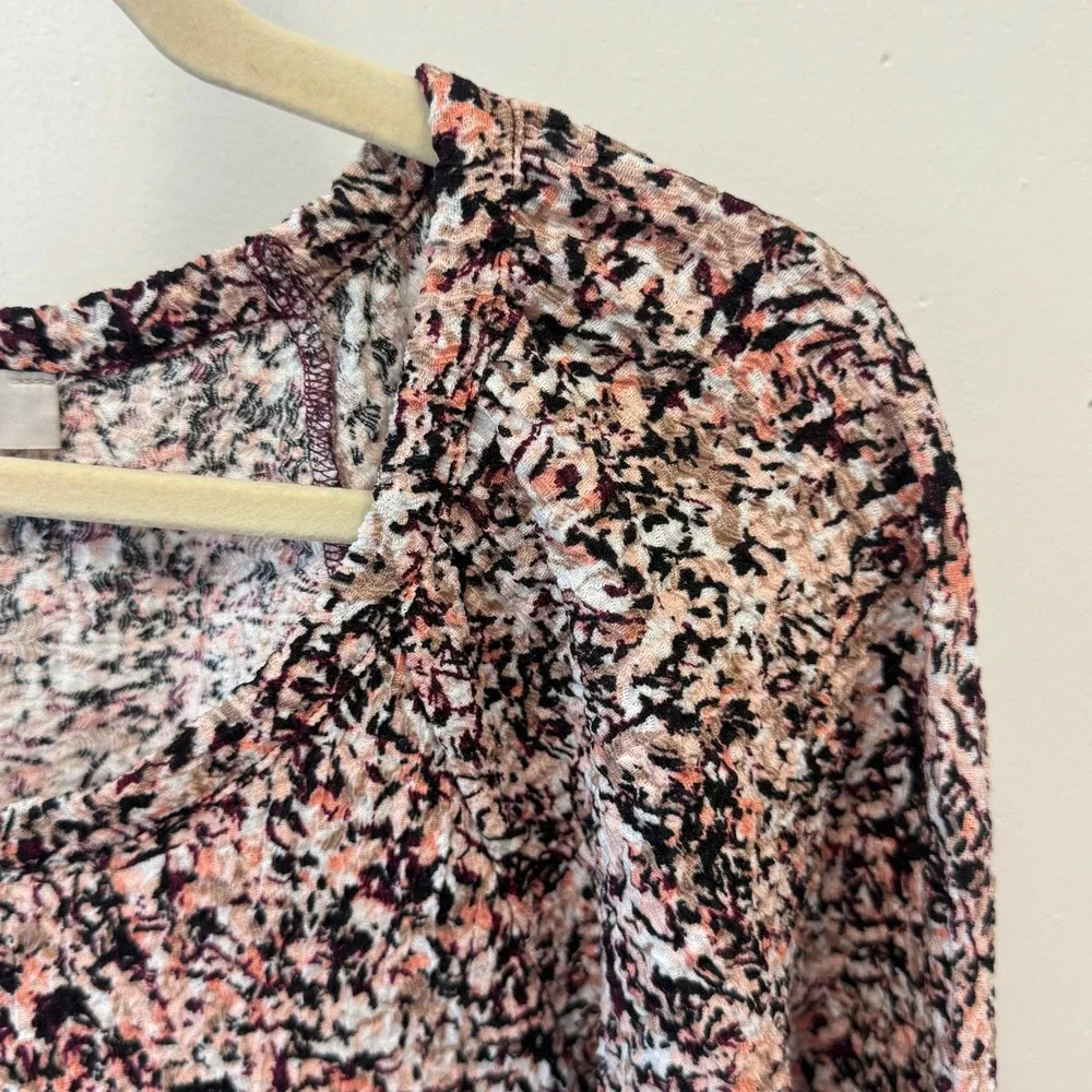 LOFT Abstract Floral Print Crinkle Knit Smocked Cuff Puff Sleeve Top Blouse XS